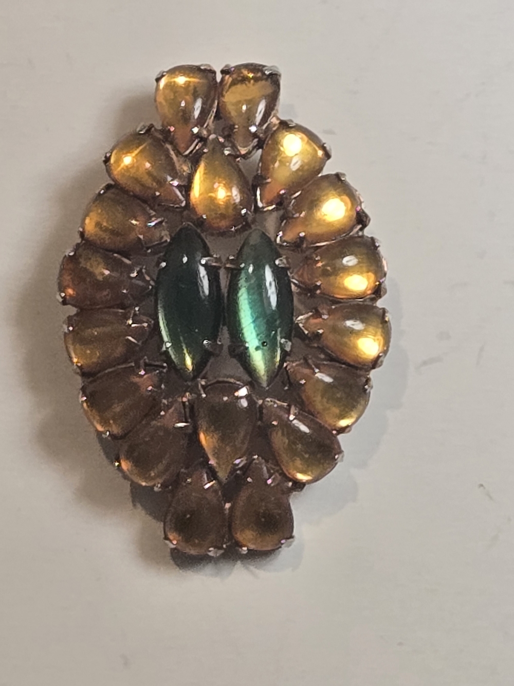 Vintage-Style Green and Amber Glass Stone Brooch - Unbranded